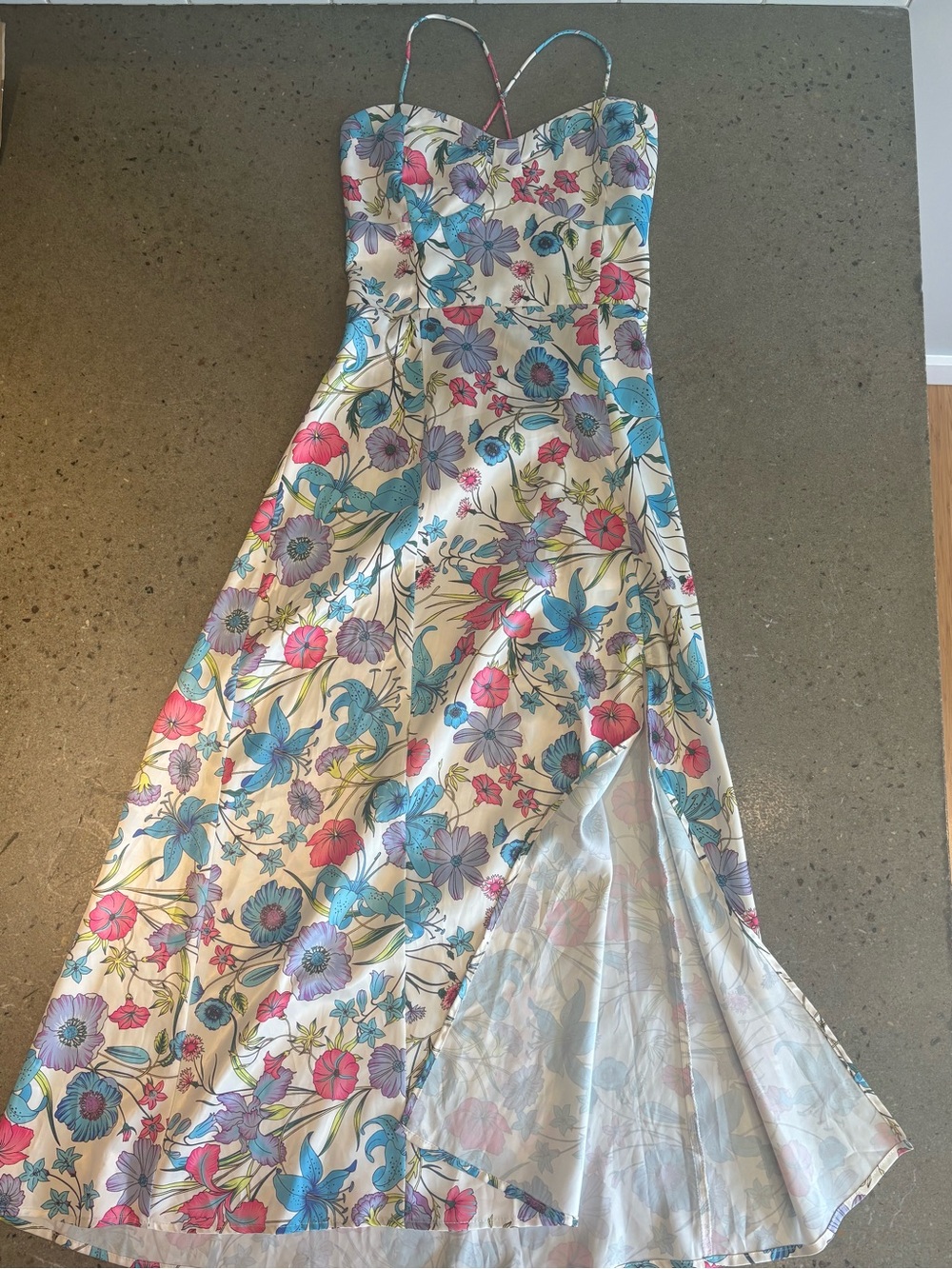 Forever 21 Floral Satin Maxi Dress Sweetheart Neck High Slit / Size Large